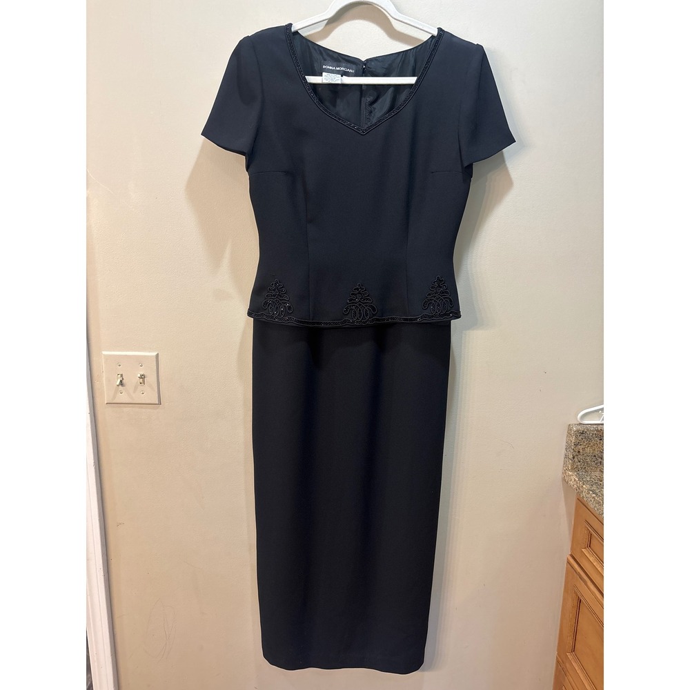 Donna Morgan Black Beaded Soutache Peplum Midi Dress Vintage Size 12 Formal Gown